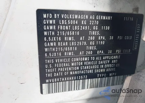 2017 Volkswagen Tiguan 2.0T/2.0T S z USA, uszkodzony, nr VIN WVGBV7AX6HK013572